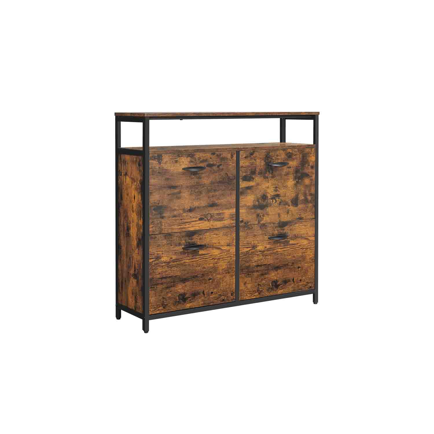 Hallway Shoe Box with 4 Rocker Doors  Rustic Brown and Black