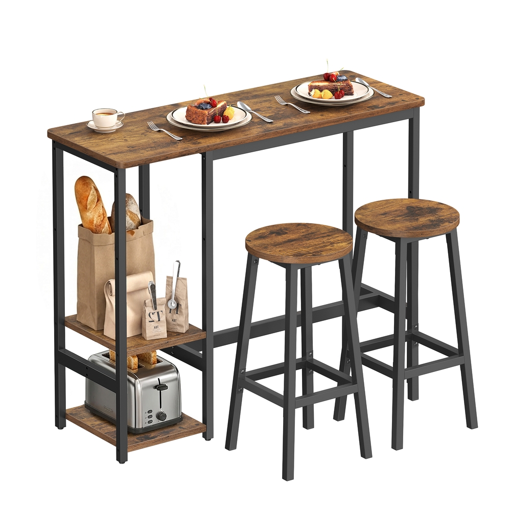 Bar Table Set with 2 Stools Rustic Brown and Ink Black