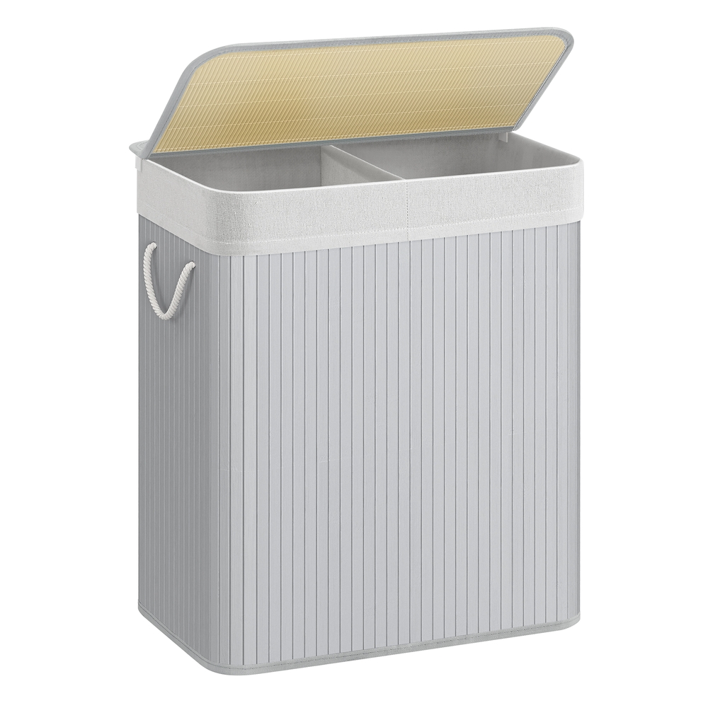 Bamboo Laundry Basket, 100 L, 2 Compartments, Grey