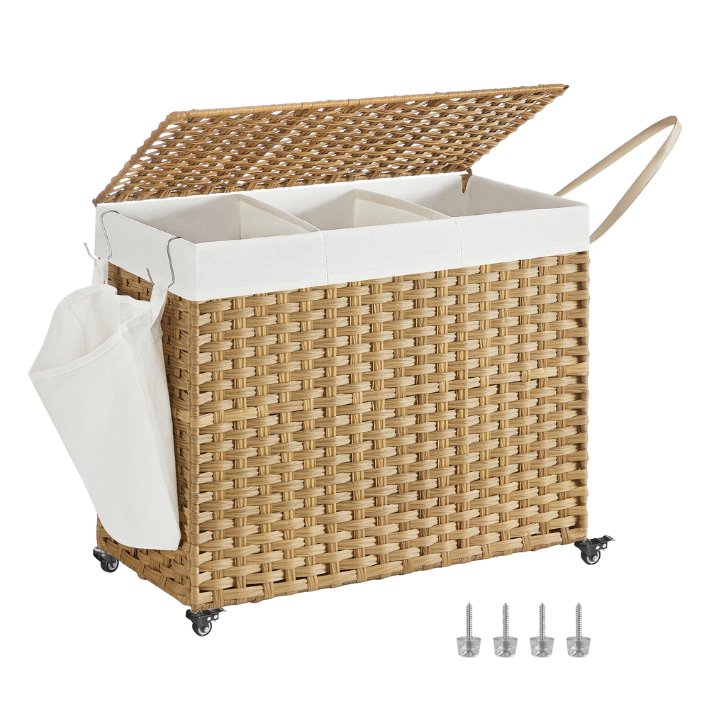 160L Rolling Laundry Hamper with 3 Compartments & Wheels – Synthetic Rattan Basket, Removable Liner for Bedroom/Laundry Room, Natural