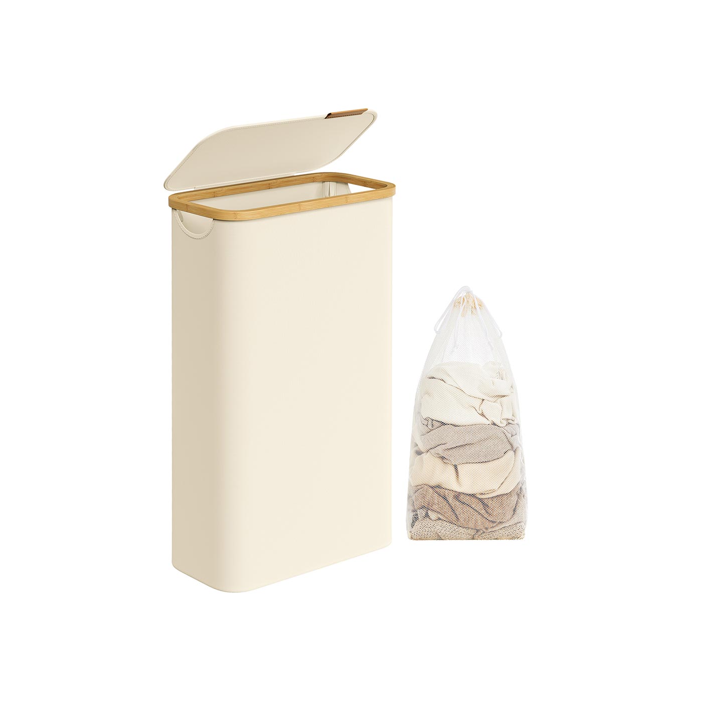 Laundry Basket with Lid 65L Space-Saving 42 x 22.5 x 70.5 cm Cream White