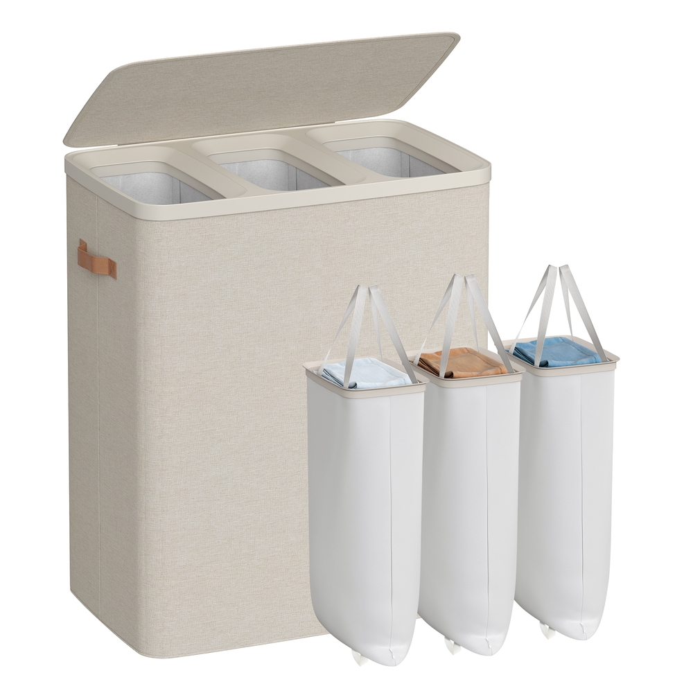 Laundry Basket 190 L Triple Compartment Laundry Hamper Cappuccino Beige