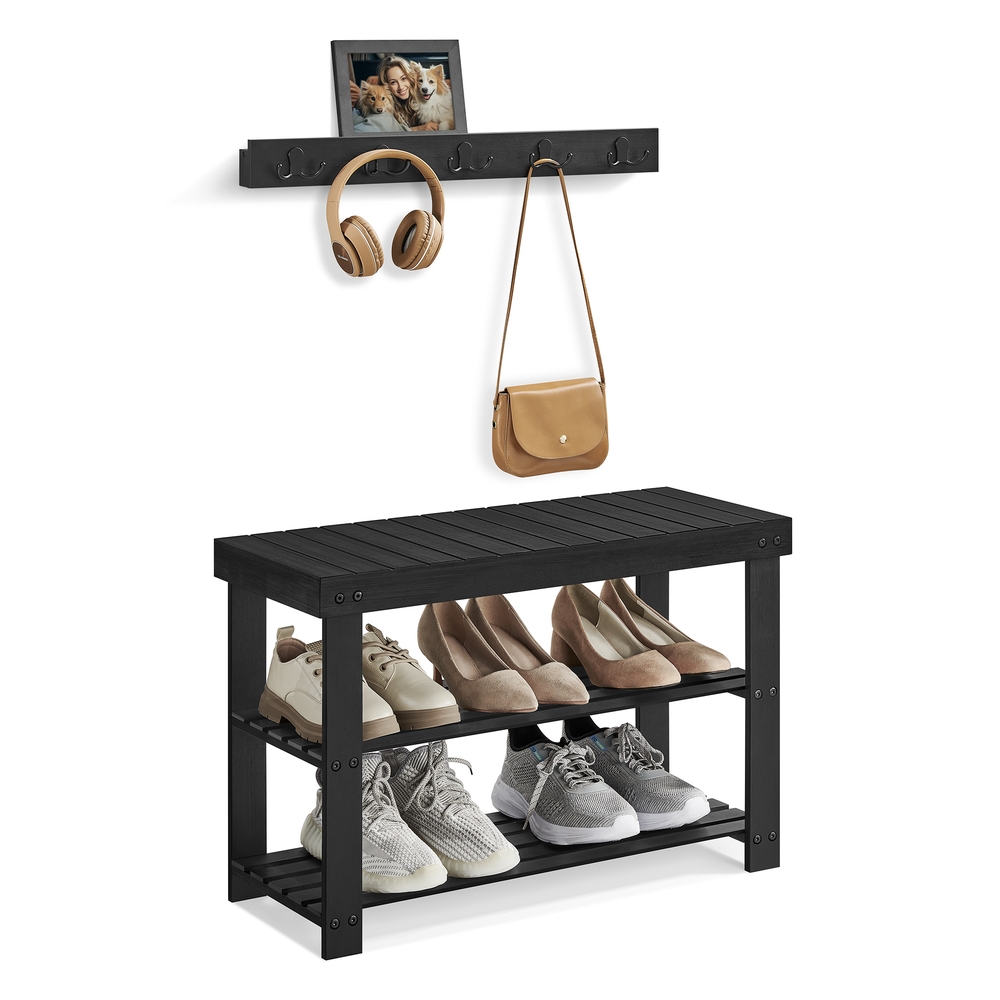 Coat Rack and 3-Tier Bamboo Shoe Bench Set Ink Black