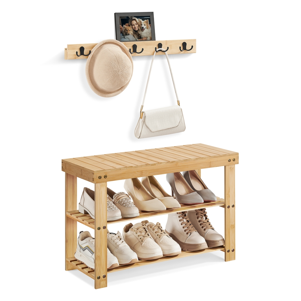 Coat Rack and 3-Tier Bamboo Shoe Bench Set Natural Beige Coat Rack and 3-Tier Bamboo Shoe Bench Set Natural Beige