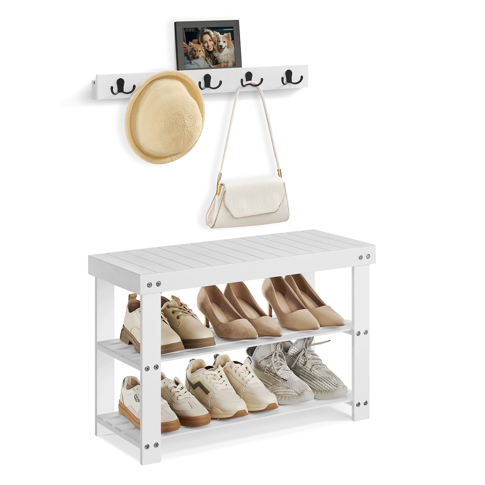 Coat Rack and 3-Tier Bamboo Shoe Bench Set Cloud White Coat Rack and 3-Tier Bamboo Shoe Bench Set Cloud White