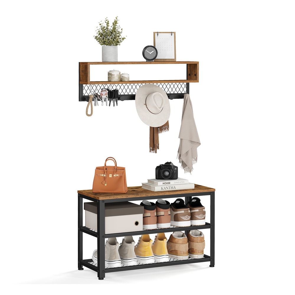Coat Rack and 2-Tier Shoe Bench Set Rustic Brown Coat Rack and 2-Tier Shoe Bench Set Rustic Brown