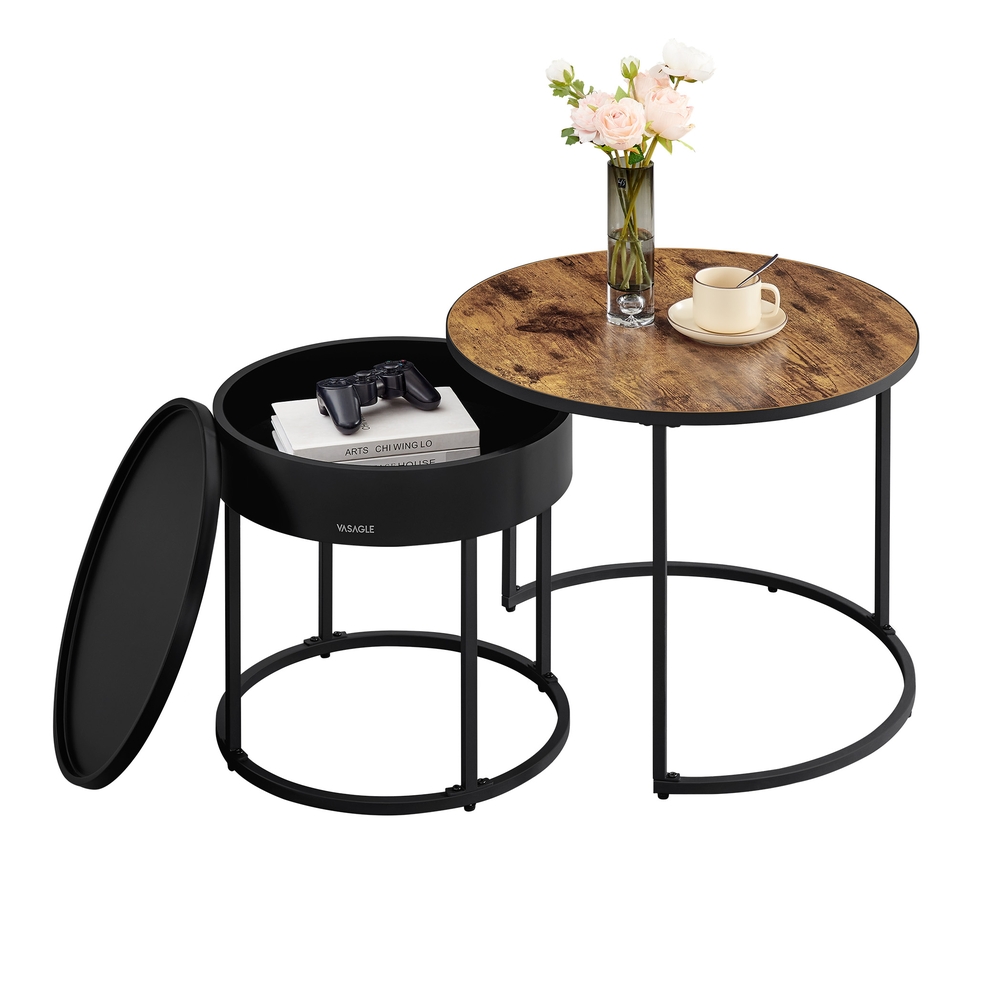 Set of 2 Round Side Tables Rustic Brown and Ink Black