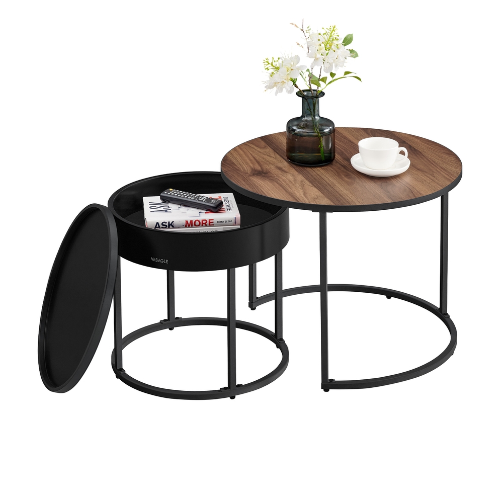 Set of 2 Round Side Tables Natural Walnut and Ink Black Set of 2 Round Side Tables Natural Walnut and Ink Black