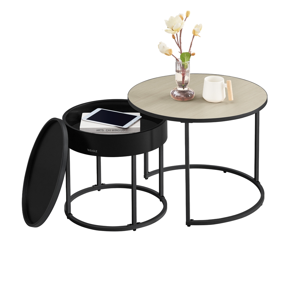 Set of 2 Round Side Tables Natural Beige and Ink Black