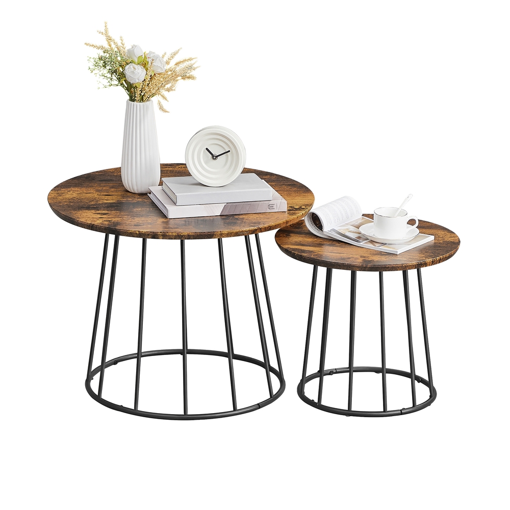 Set of 2 Round Coffee Tables with Steel Frames Rustic Brown