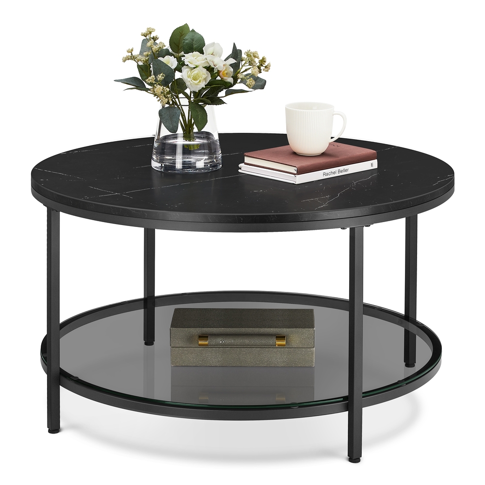 Faux Marble Round Coffee Table with Storage Shelf Marble Black and Ink Black