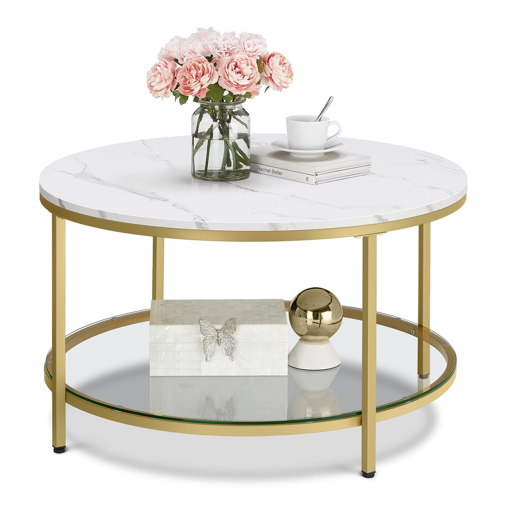 Faux Marble Round Coffee Table with Storage Shelf Marble White and Metallic Gold