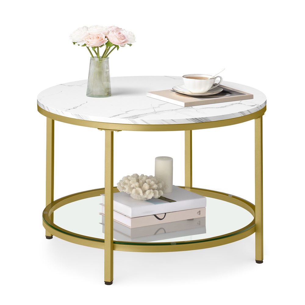 Round Coffee Table Marble White and Pale Gold