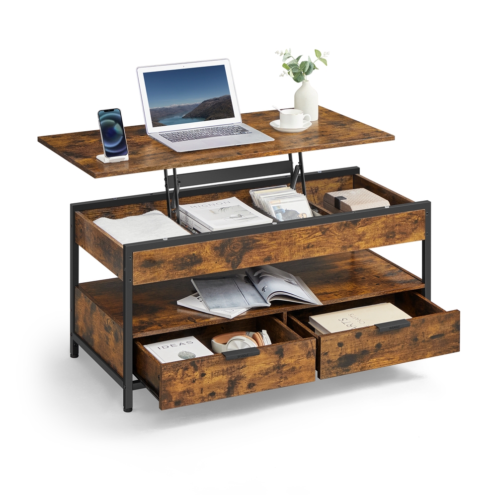 Lift Top Coffee Table with Storage Drawers Rustic Brown and Ink Black