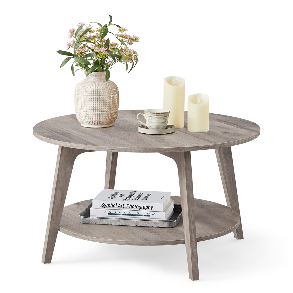 2-Tier Round Coffee Table with Storage Heather Greige