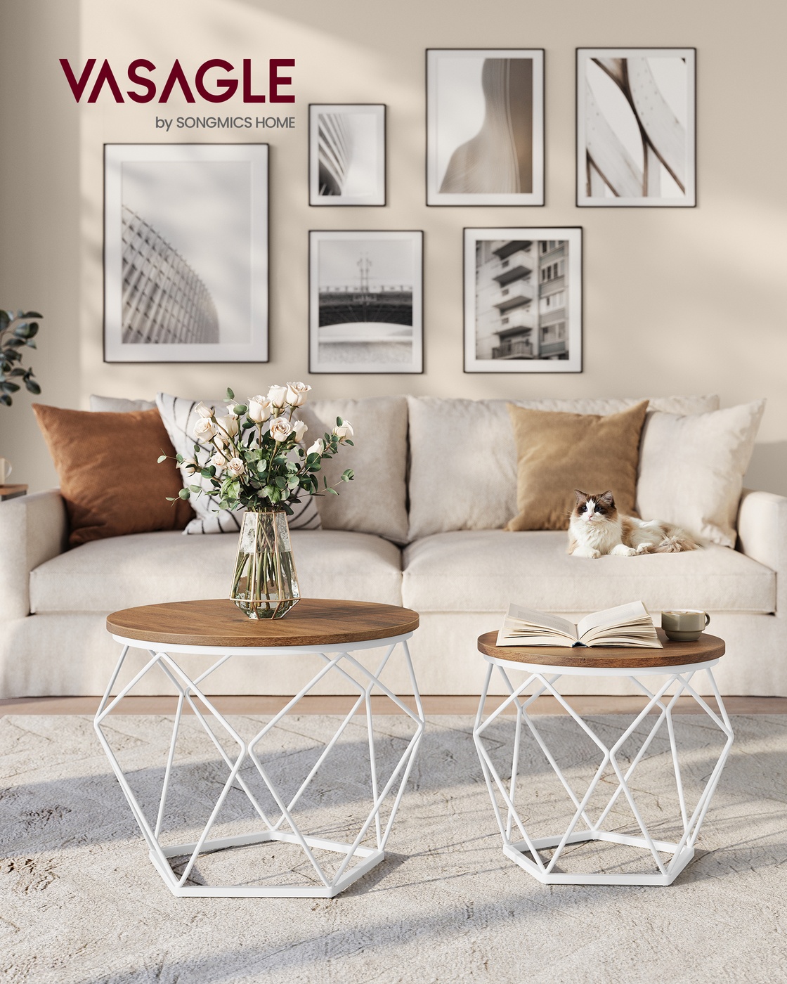 Set of 2 Round Coffee Tables Honey Brown and Cloud White