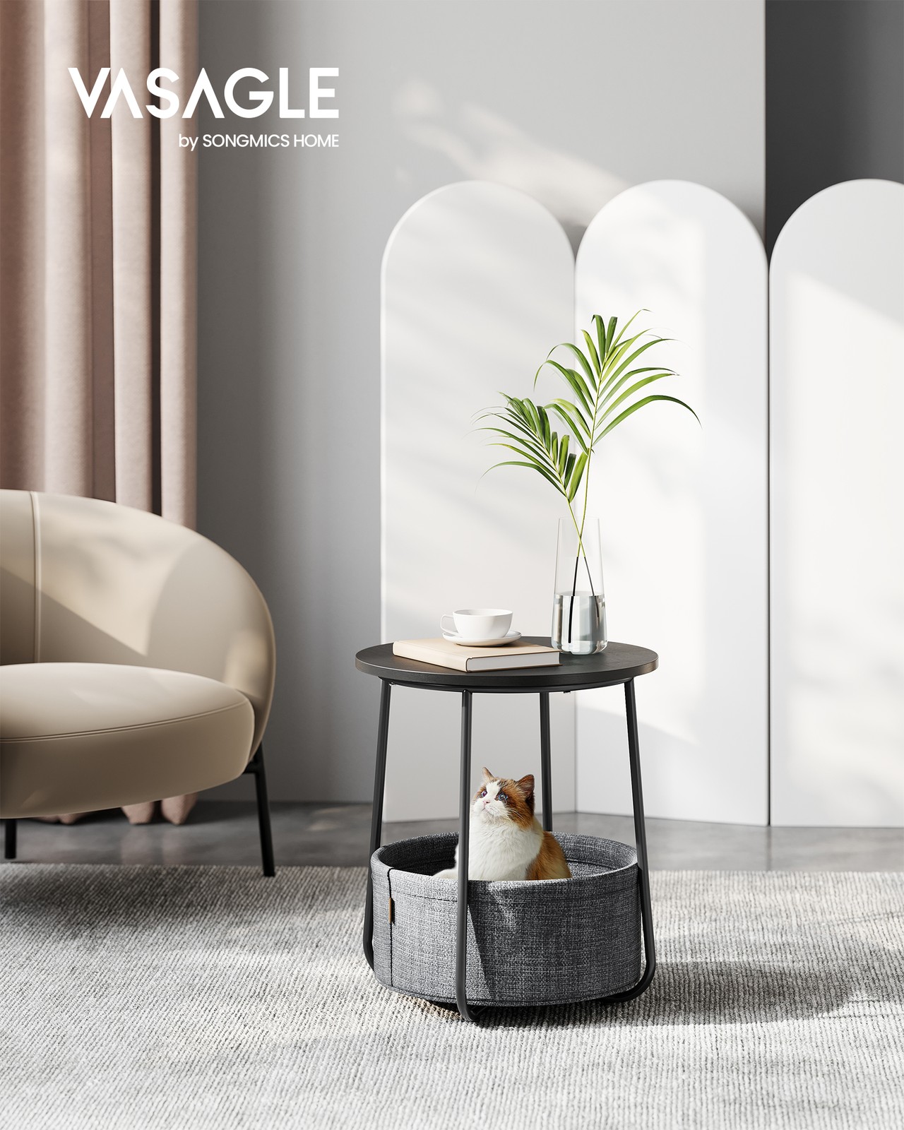 Round Side Table with Basket Ebony Black and Slate Grey