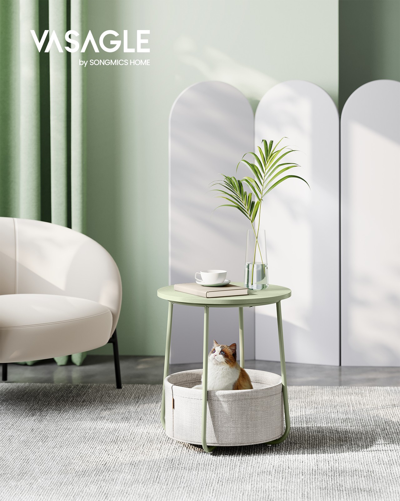 Round Side Table with Basket Laurel Green and Cream White