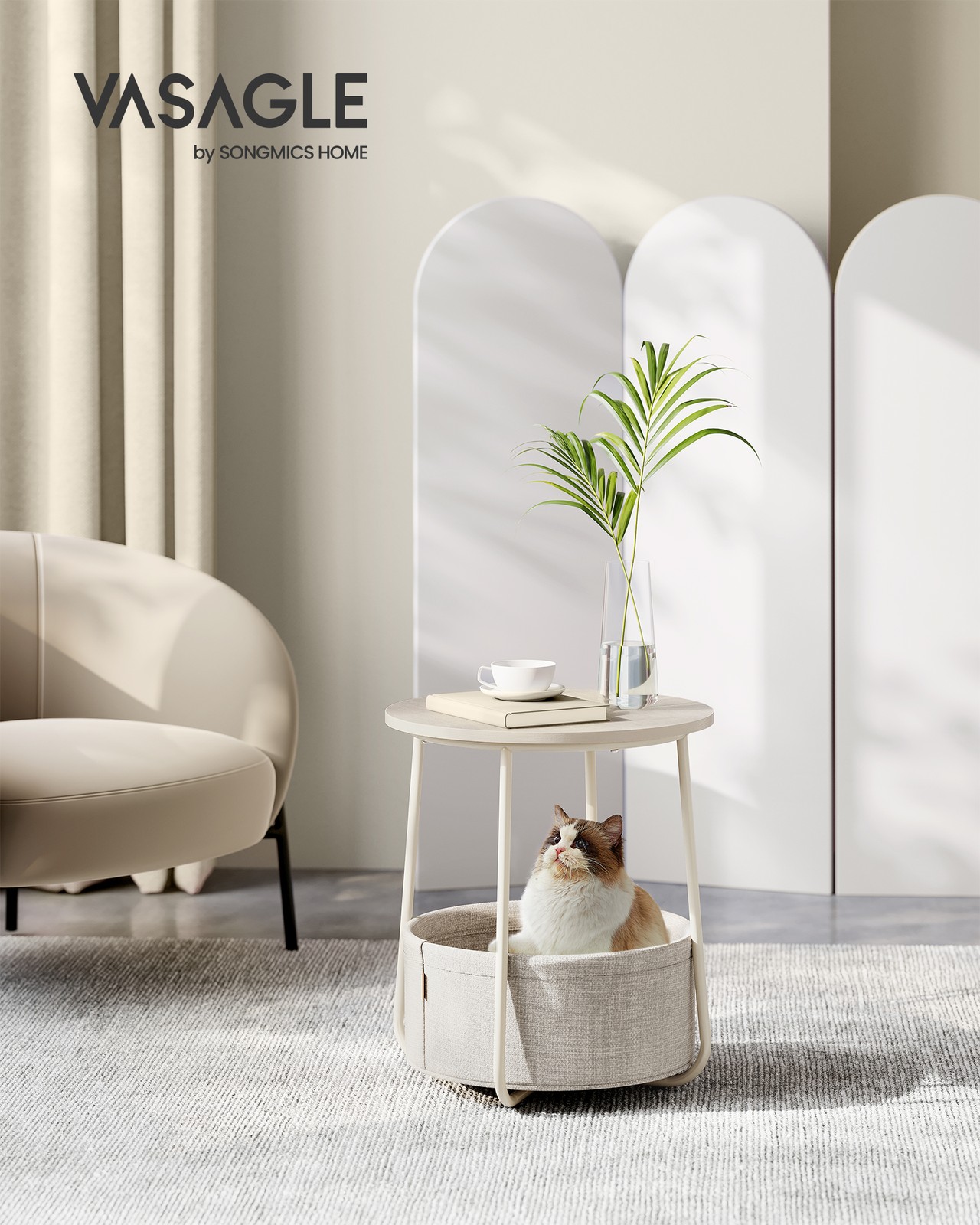 Round Side Table with Basket Cream White