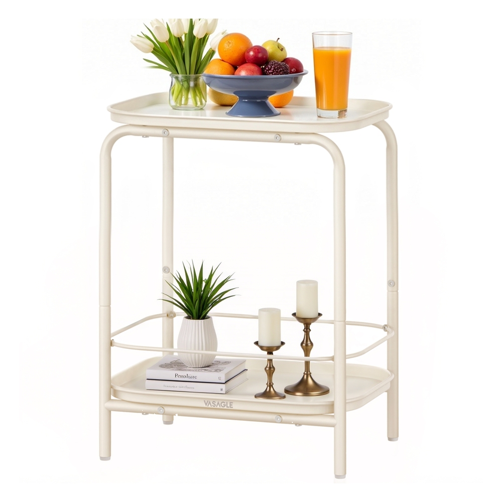 2-Tier Metal Side Table with Tray Surface Cream White 2-Tier Metal Side Table with Tray Surface Cream White