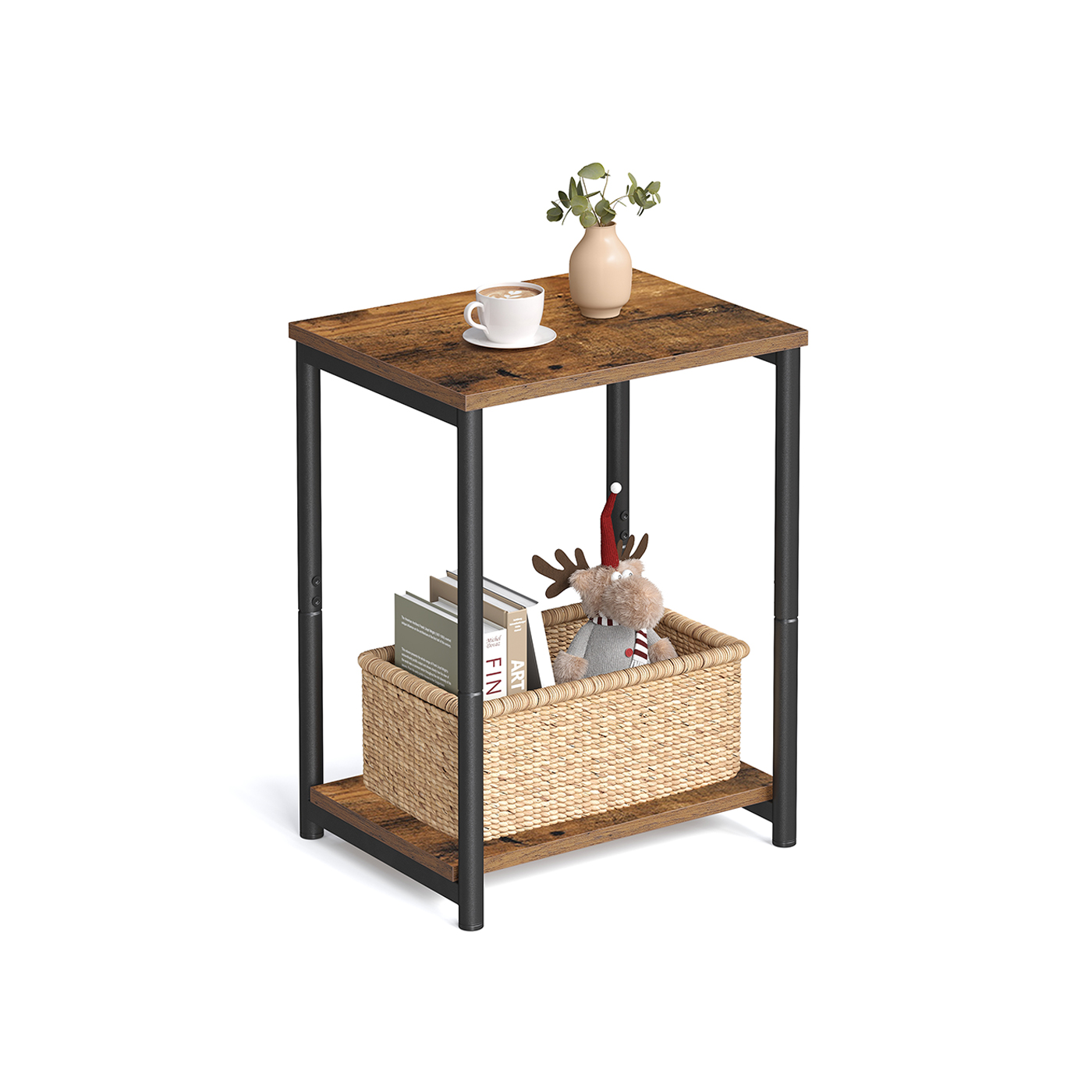 Industrial Storage Side Table with Steel Frame – Multi-Use for Living Room & Bedroom, Rustic Brown/Black