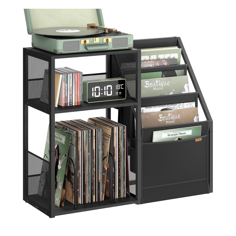 Record player stand with vinyl storage and three tier side table