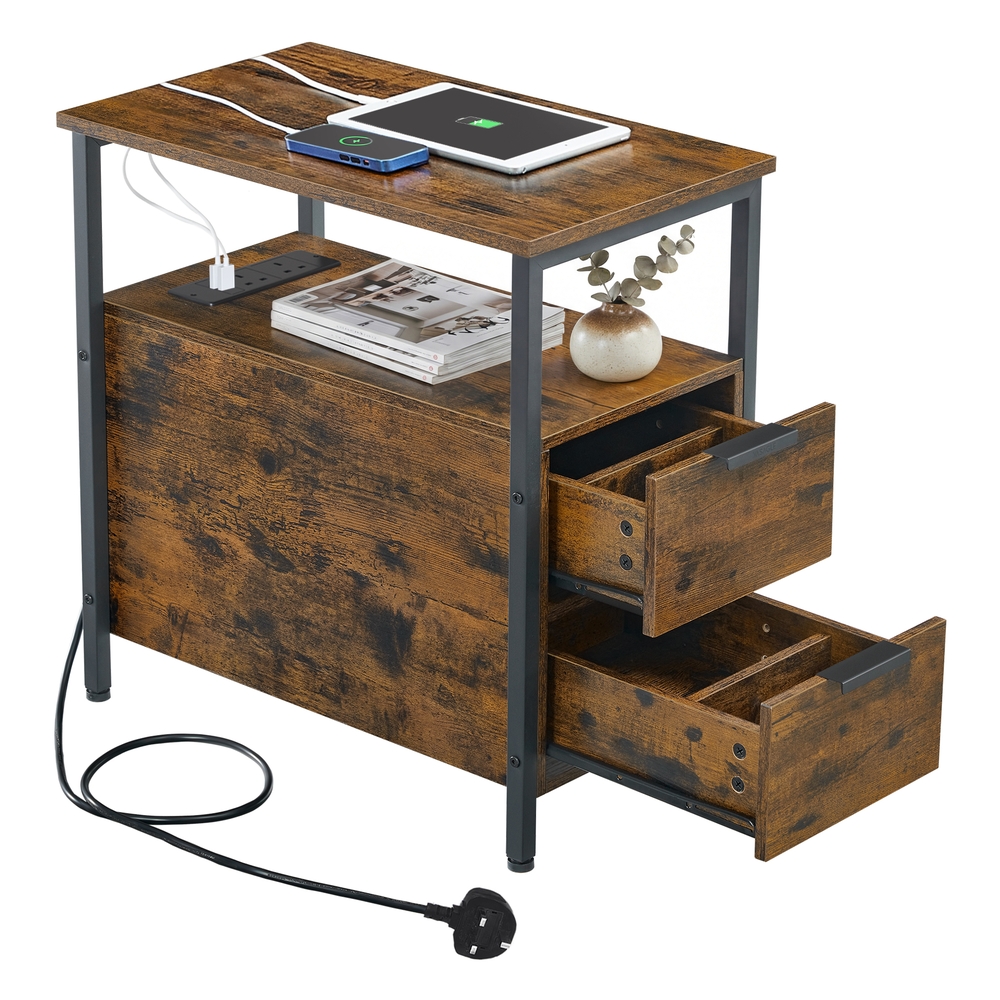 Slim Side Table with Charging Station Rustic Brown and Classic Black