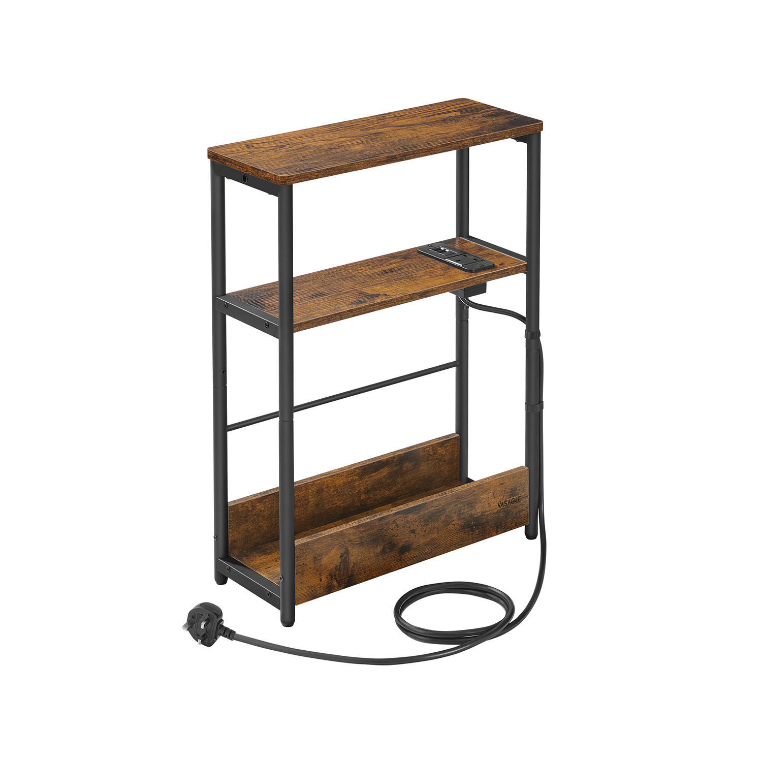 3-Tier Slim Side Table with Charging Station Rustic Brown and Ink Black