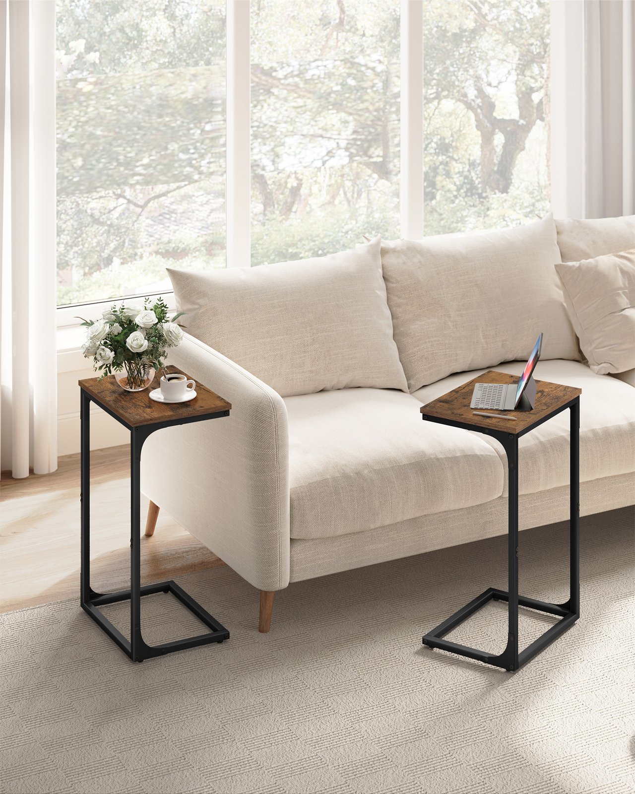 C-Shaped Side Tables Set of 2 Rustic Brown and Ink Black
