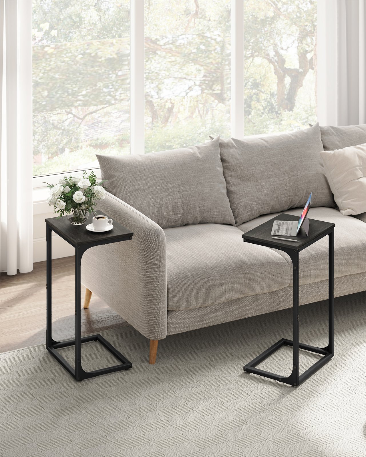 66.7 cm High C-Shaped Tables Set of 2 Grey Oak and Ink Black