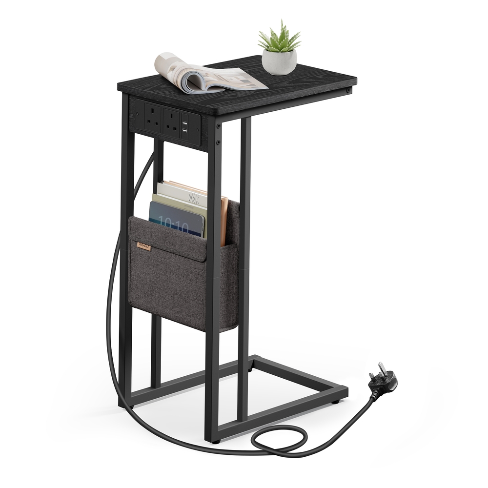 C-Shaped Bedside Table with Charging Station Ebony Black C-Shaped Bedside Table with Charging Station Ebony Black