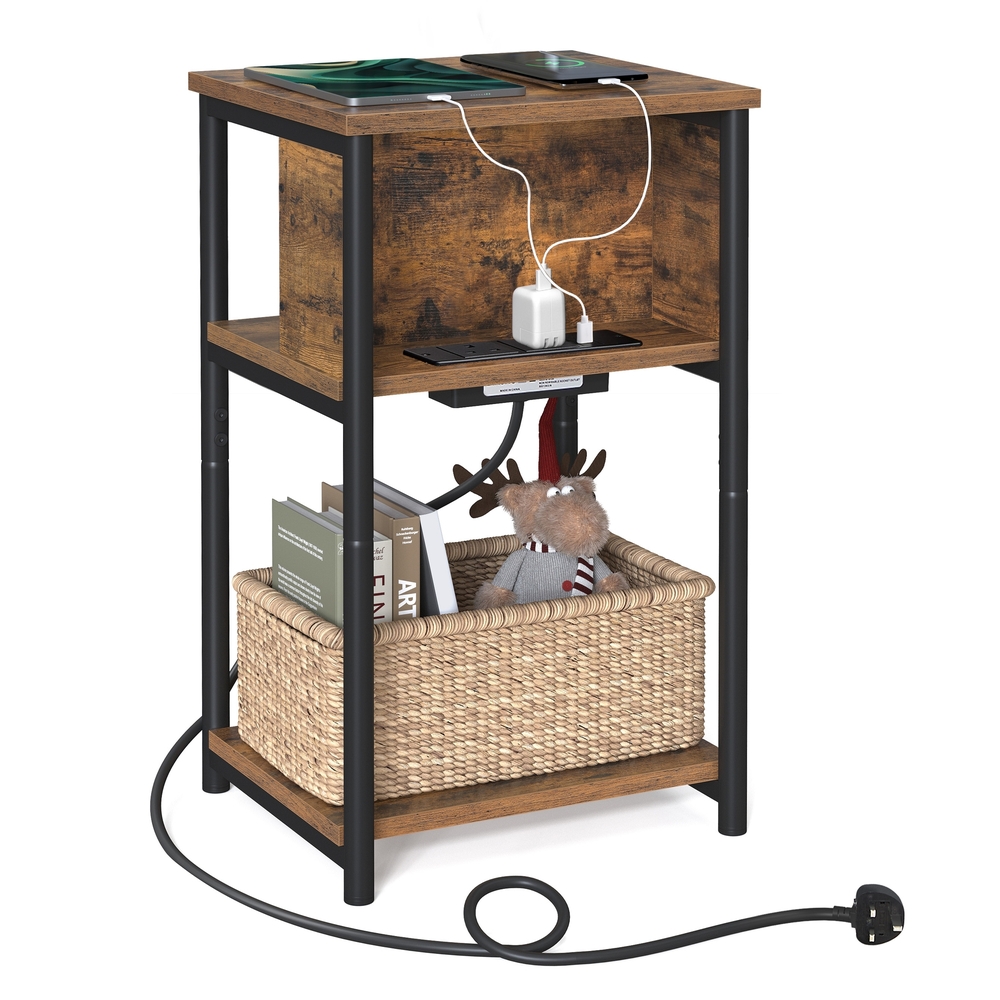 Slim Side Table with Charging Station 30 x 34 x 58 cm Rustic Brown and Black