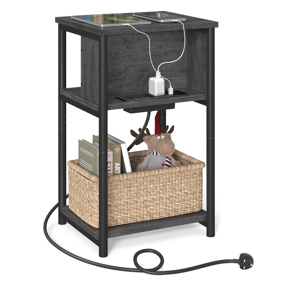 Slim Side Table with Charging Station Charcoal Grey and Ink Black