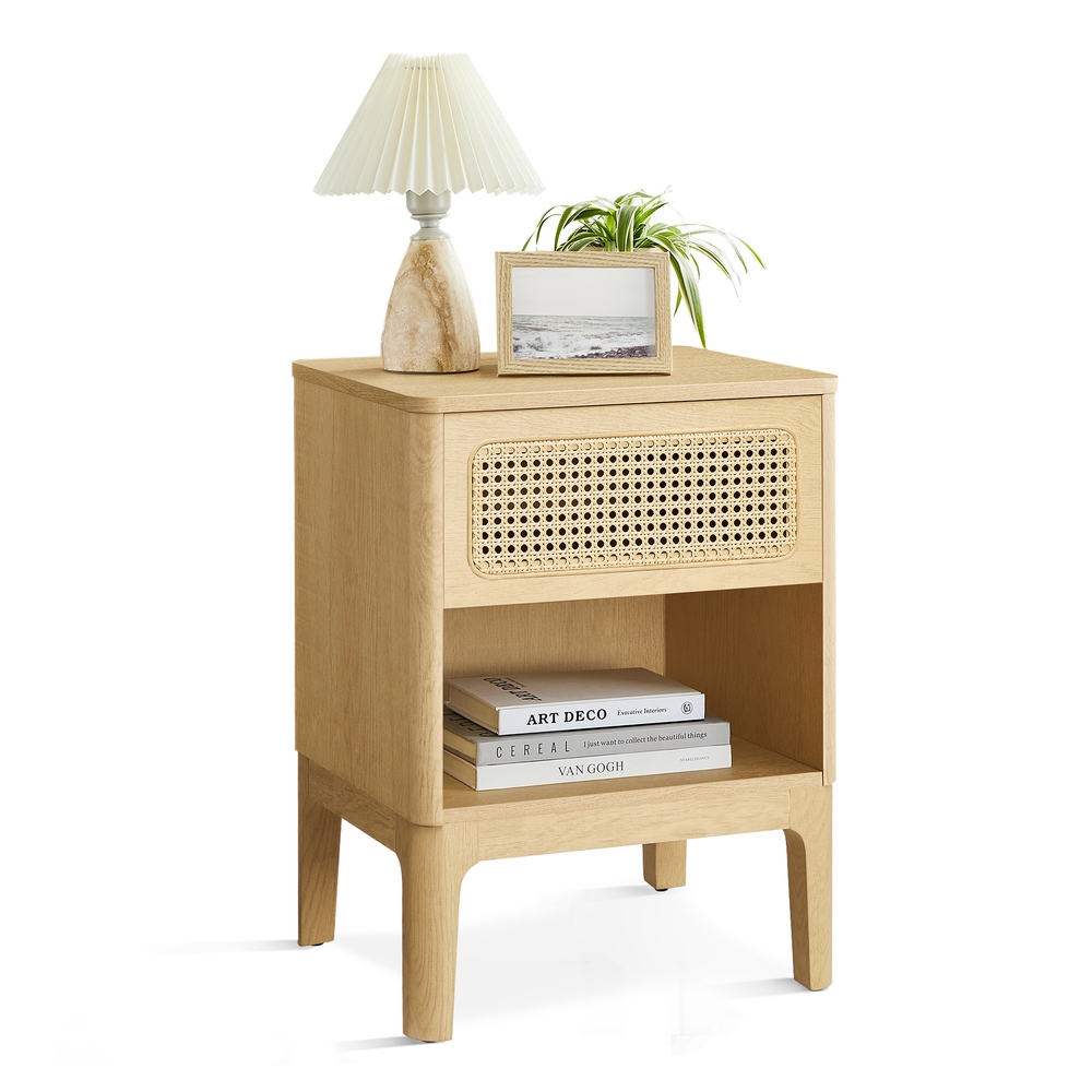 Rattan Bedside Table with Drawer for Living Room Natural