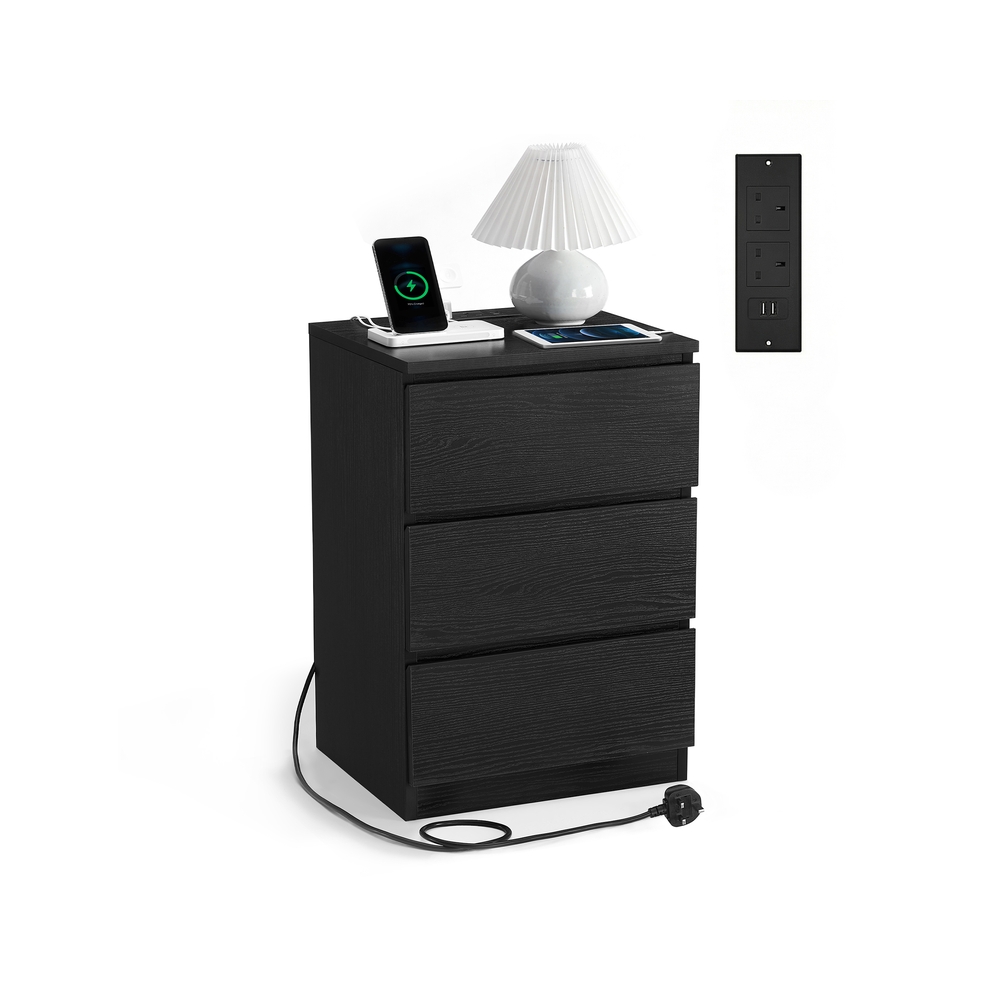 KAILYN Collection – Bedside Table with Power Strip Ebony Black