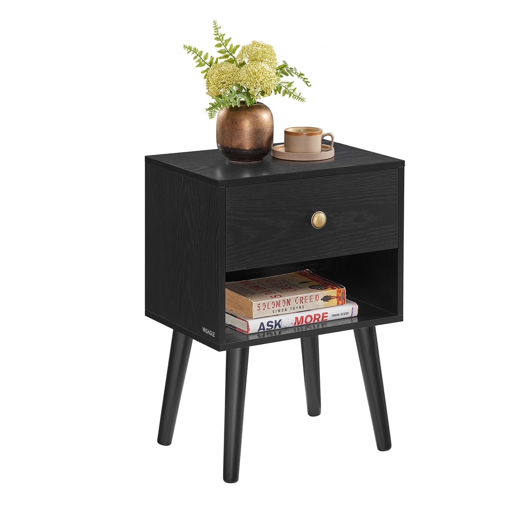 Bedside Table with Drawer and Solid Wood Legs Ebony Black