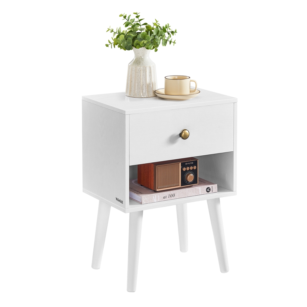 Bedside Table with Drawer and Solid Wood Legs Cloud White