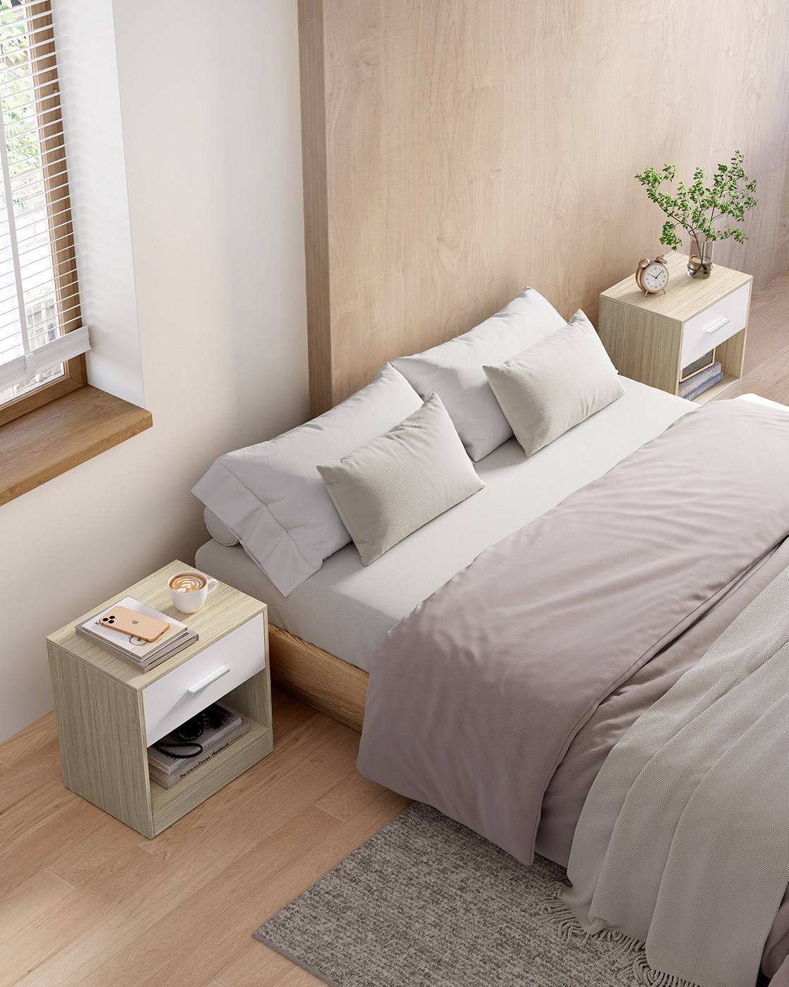 Bedside Tables, Set of 2, Side Table with Drawer, Handle, Open Compartment, End Table, for Bedroom, Living Room, Natural Beige and Classic White LET819T67