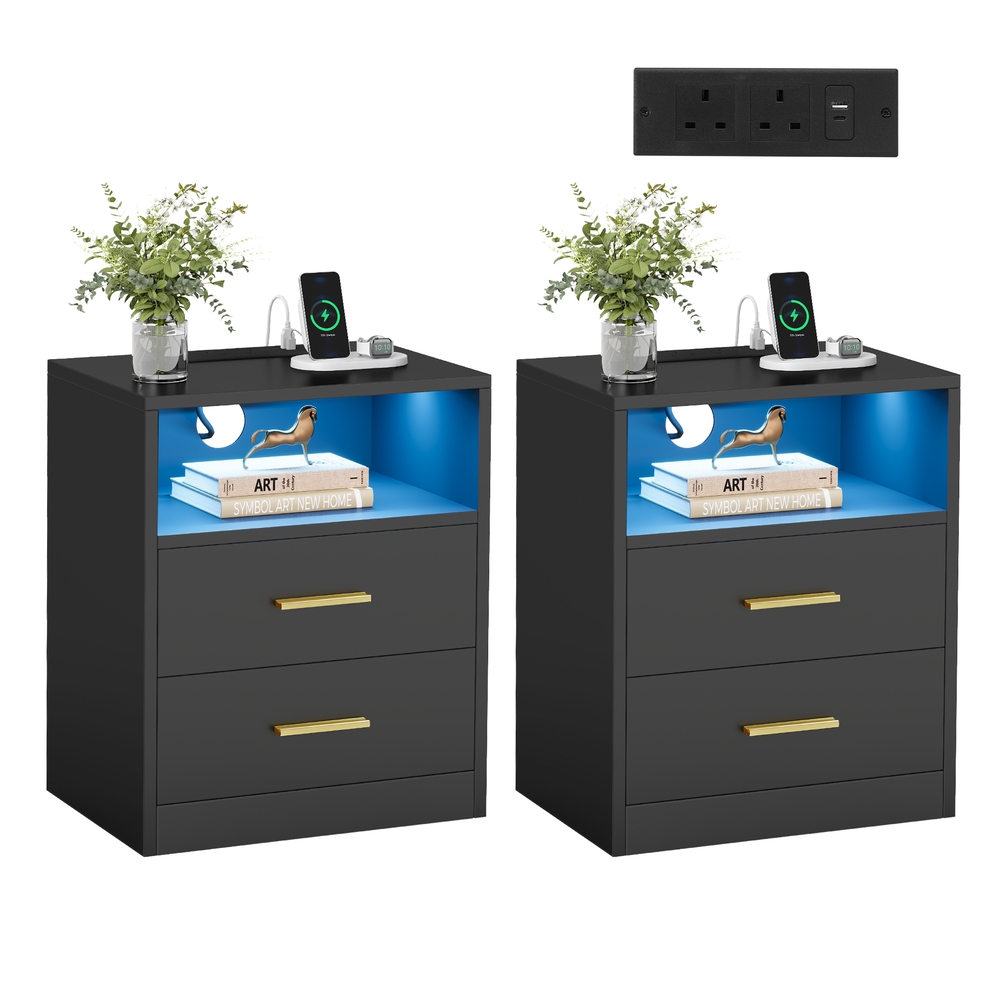 Bedside tables with charging station and LED lighting Ink Black Bedside tables with charging station and LED lighting Ink Black
