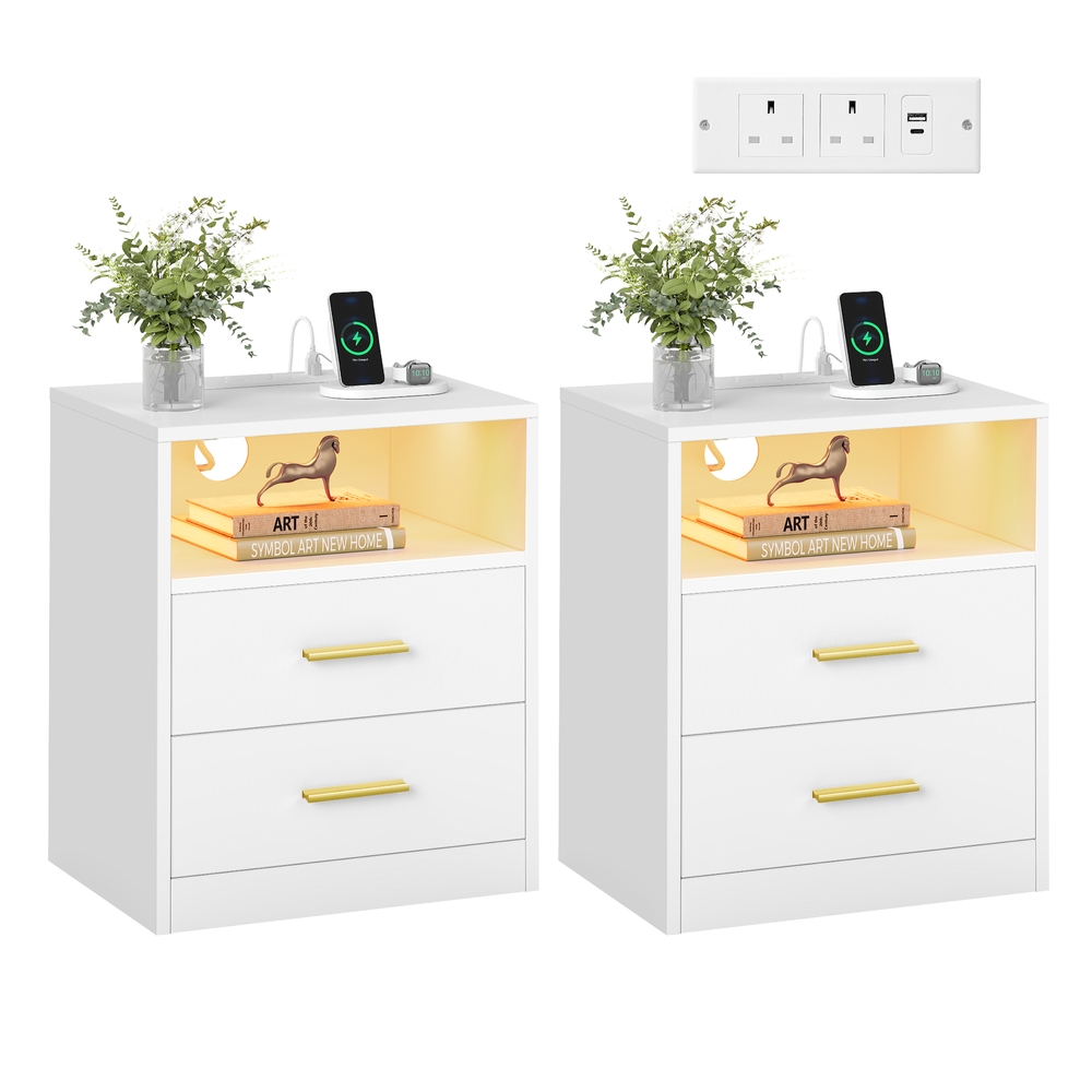 Bedside tables with charging station and LED lighting Cloud White