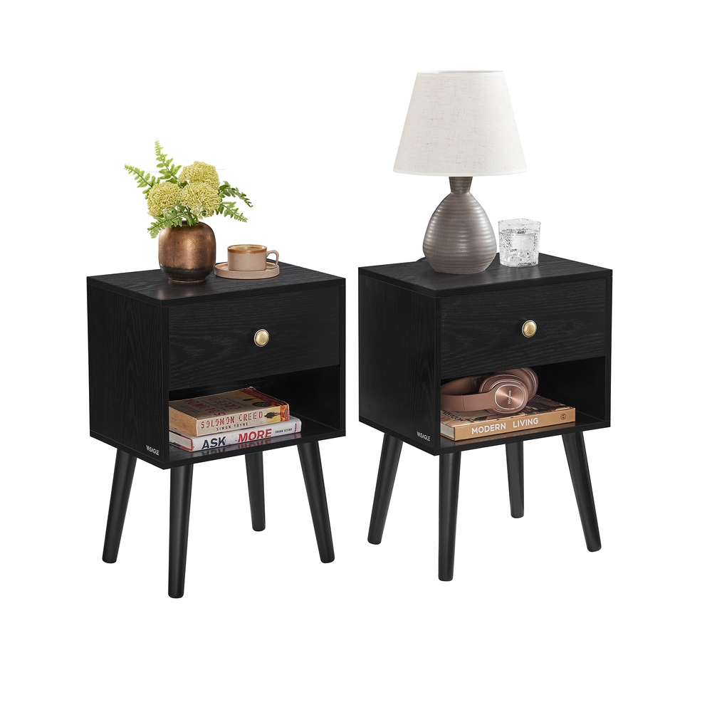 Set of 2 Bedside Tables with Drawers and Solid Wood Legs Ebony Black