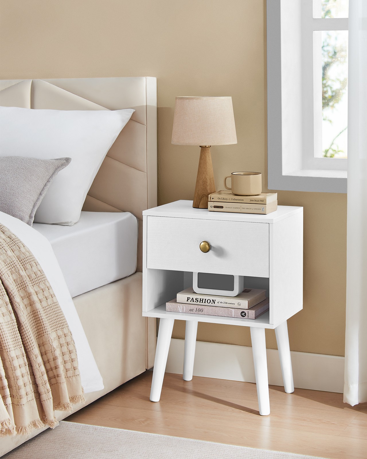 Set of 2 Bedside Tables with Drawers and Solid Wood Legs Cloud White Set of 2 Bedside Tables with Drawers and Solid Wood Legs Cloud White