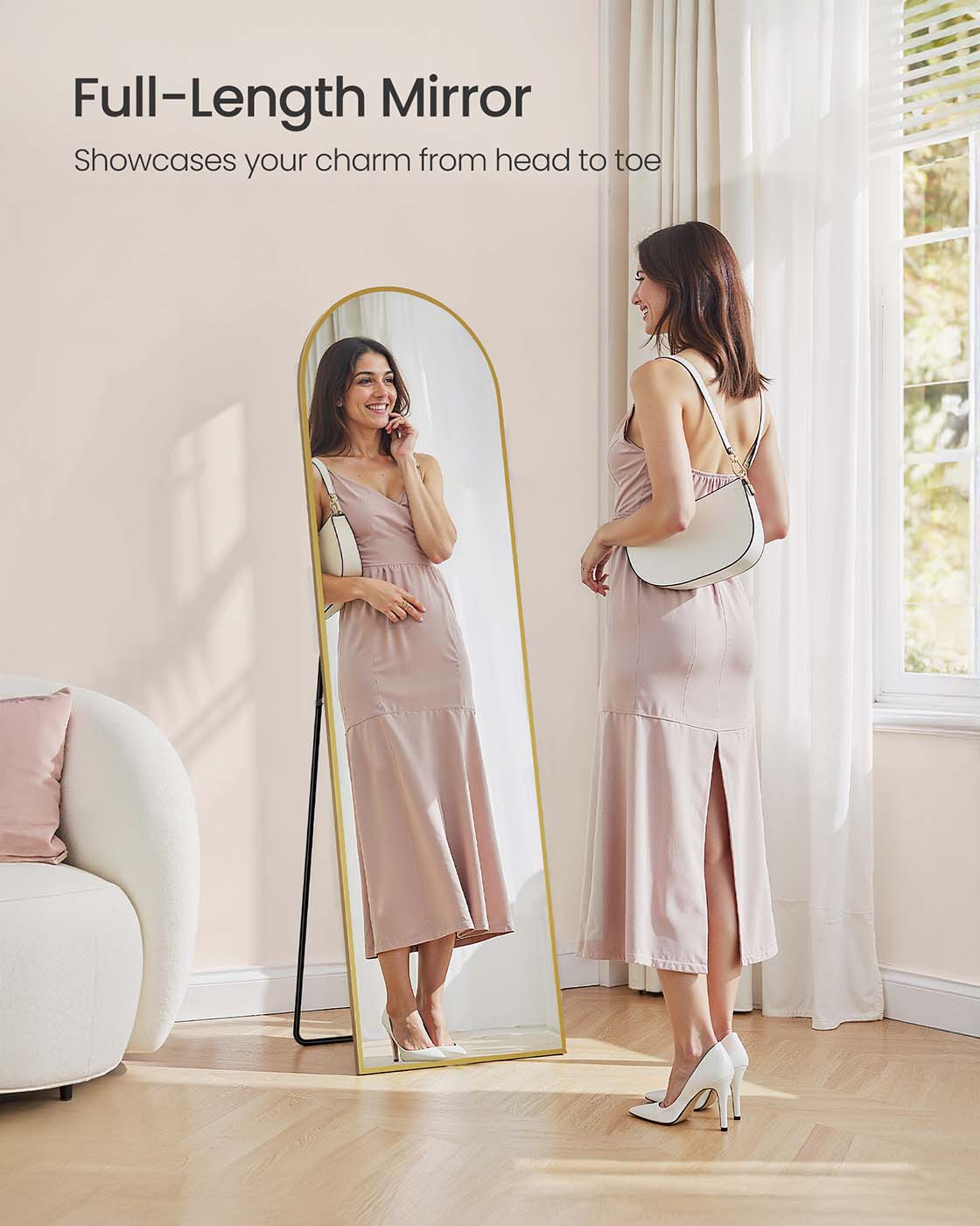 Full Length Mirror 150 x 40 cm Arched with Stand Pale Gold