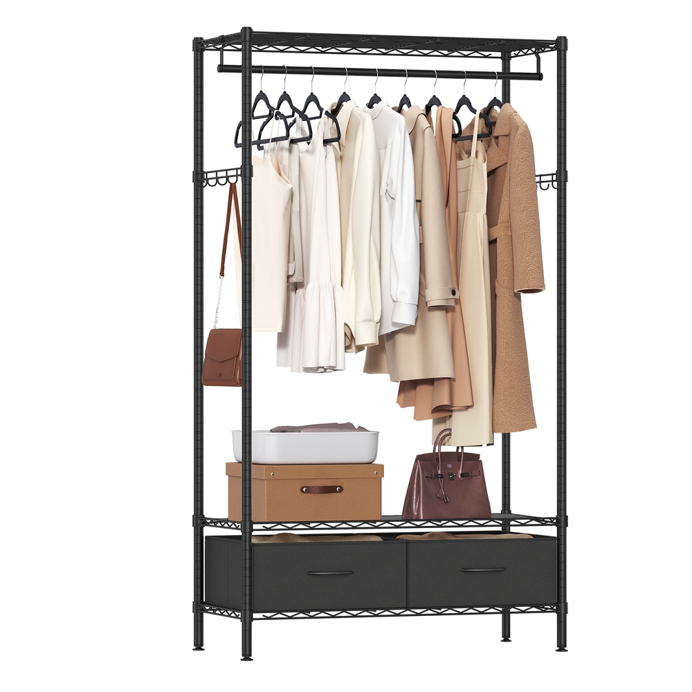 Clothes Rack with Mesh Shelf and Fabric Drawers Ink Black