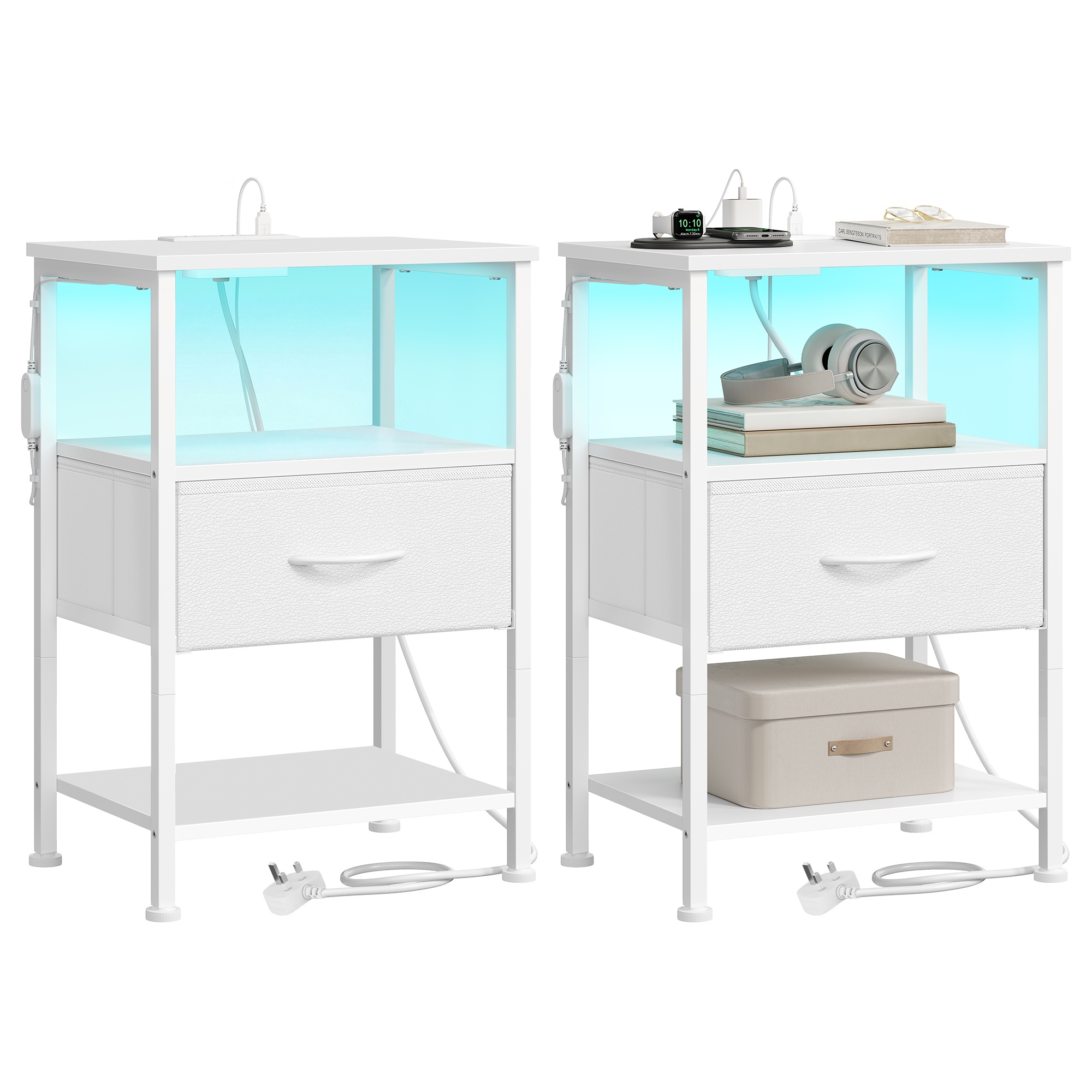 Bedside Table with Charging Station Set of 2 Cloud White Bedside Table with Charging Station Set of 2 Cloud White