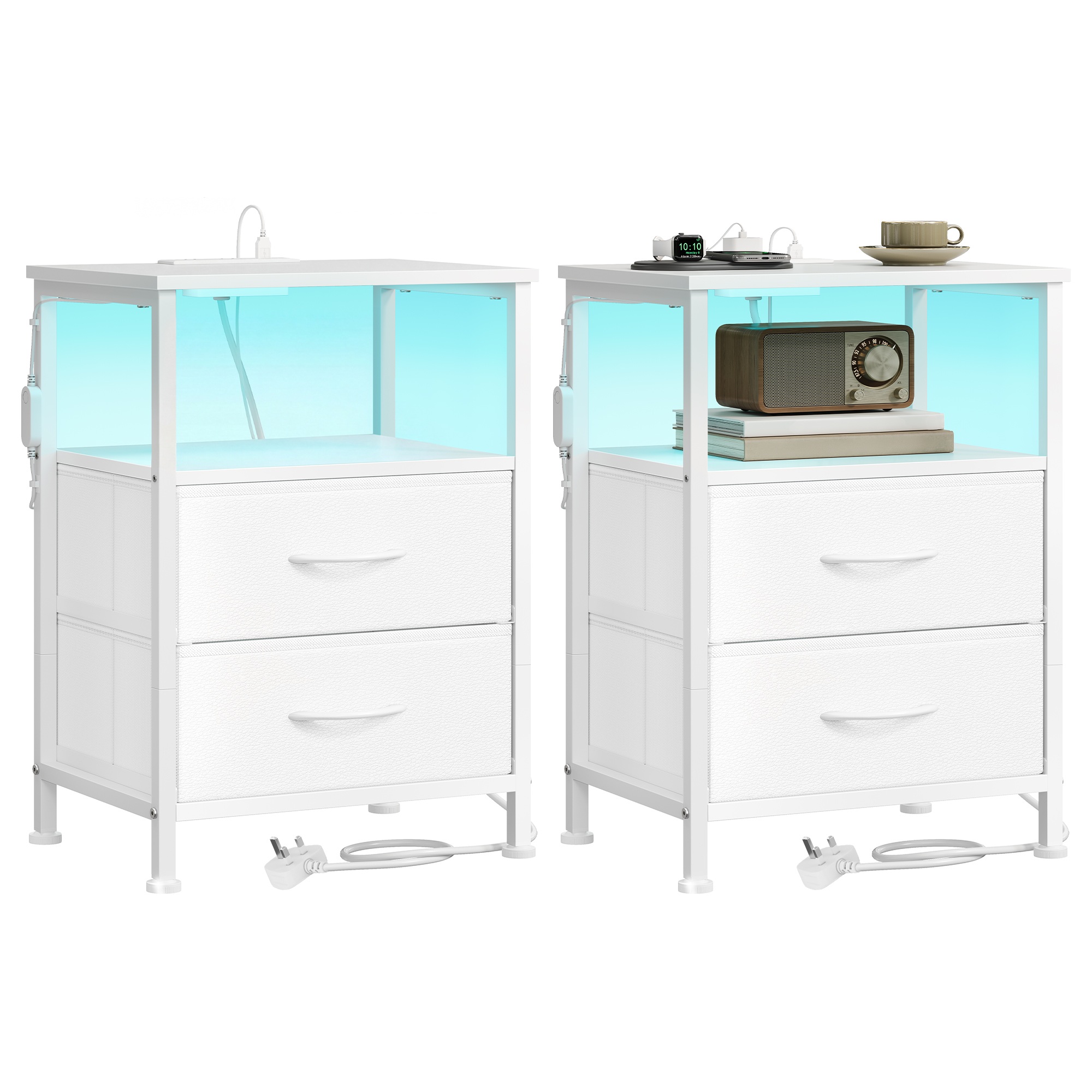 Bedside Table with Charging Station Set of 2 Cloud White Bedside Table with Charging Station Set of 2 Cloud White