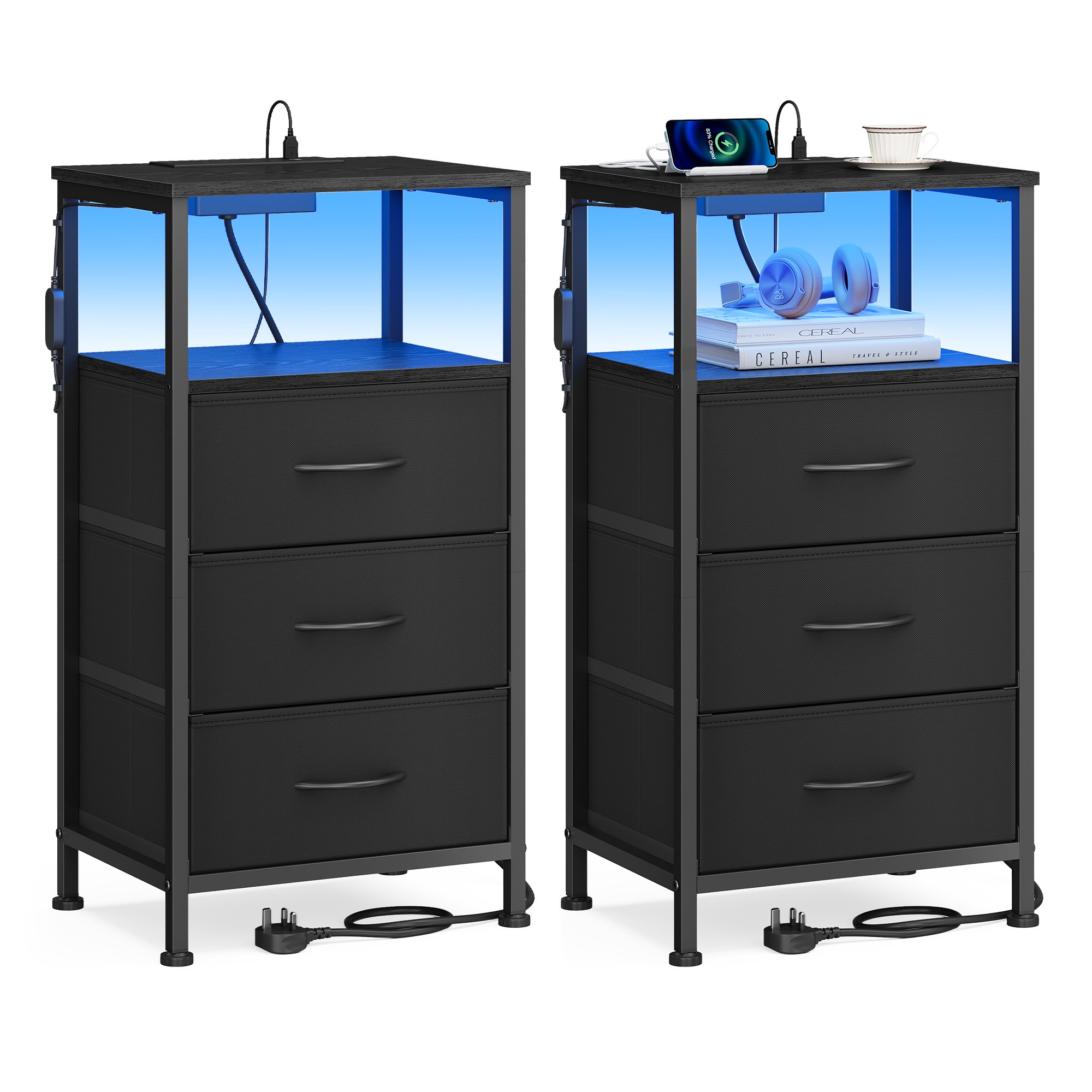 Bedside Table with Charging Station Set of 2 Ink Black Bedside Table with Charging Station Set of 2 Ink Black