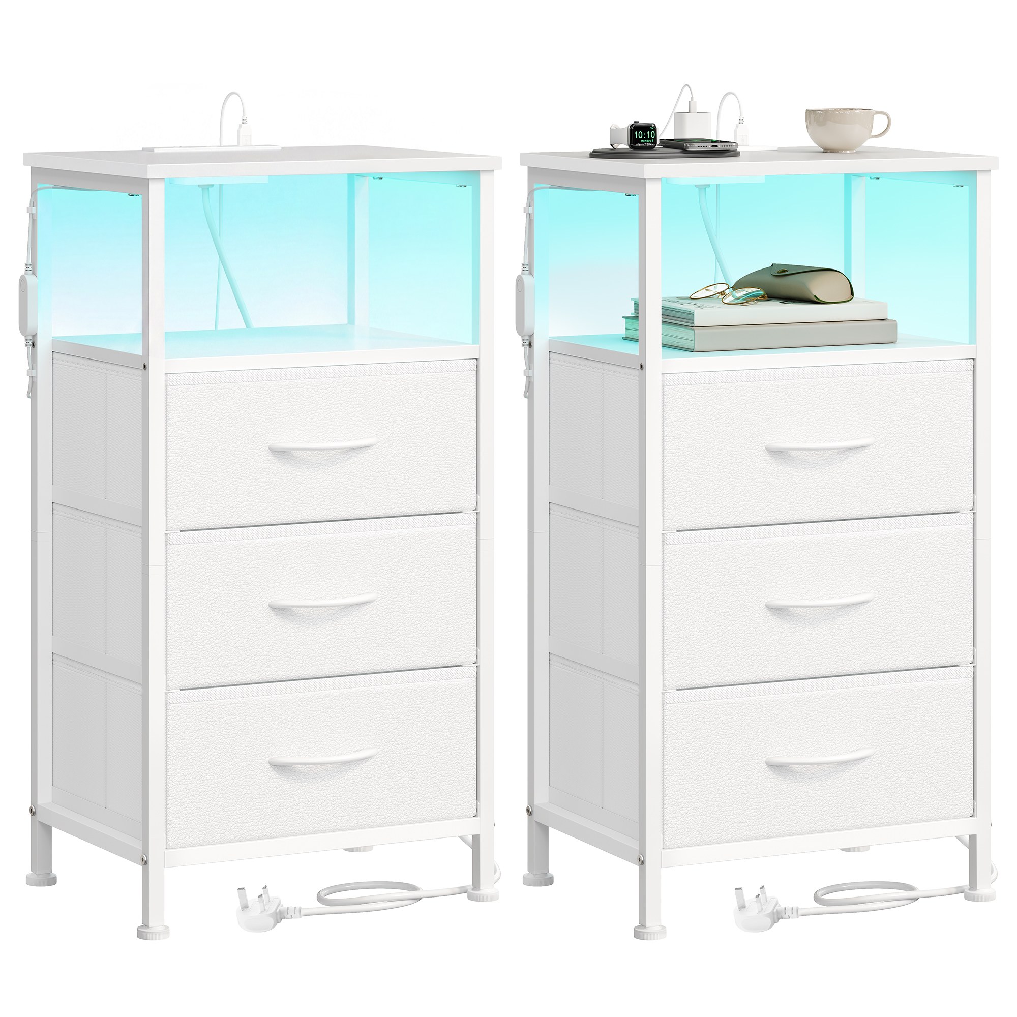 Bedside Table with Charging Station Set of 2 Cloud White Bedside Table with Charging Station Set of 2 Cloud White