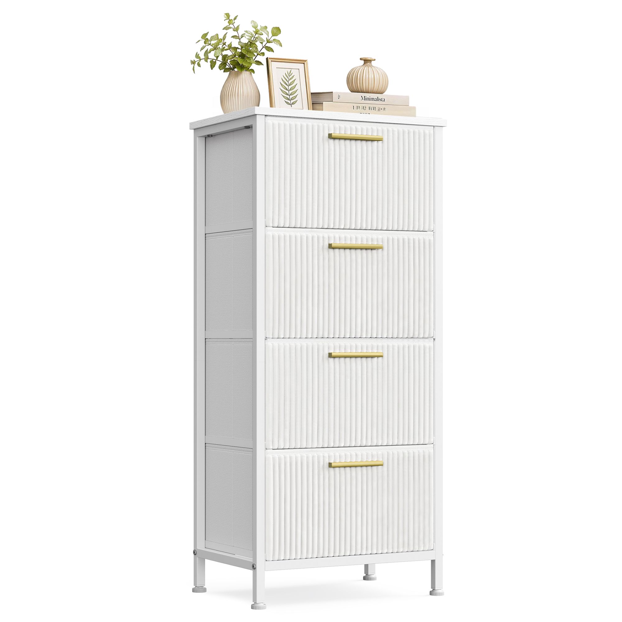 Snow white chest of drawers with 4 corduroy fabric drawers Snow white chest of drawers with 4 corduroy fabric drawers