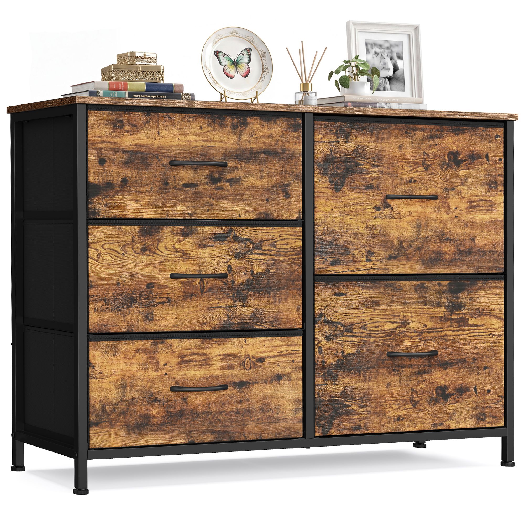 Fabric dresser 5 drawers steel frame wood top rustic brown Fabric dresser 5 drawers steel frame wood top rustic brown